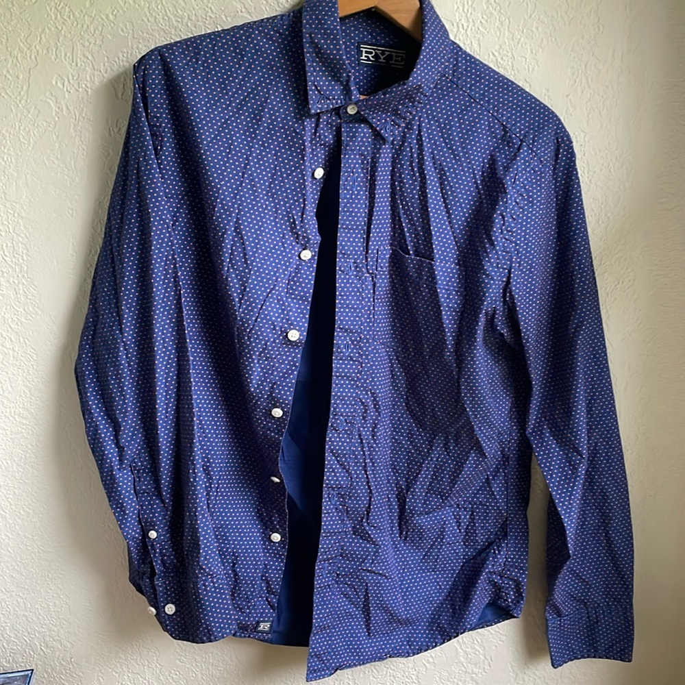 Title: RYE Men's Navy Polka Dot Button-Down Shirt - Slim Fit, Size M